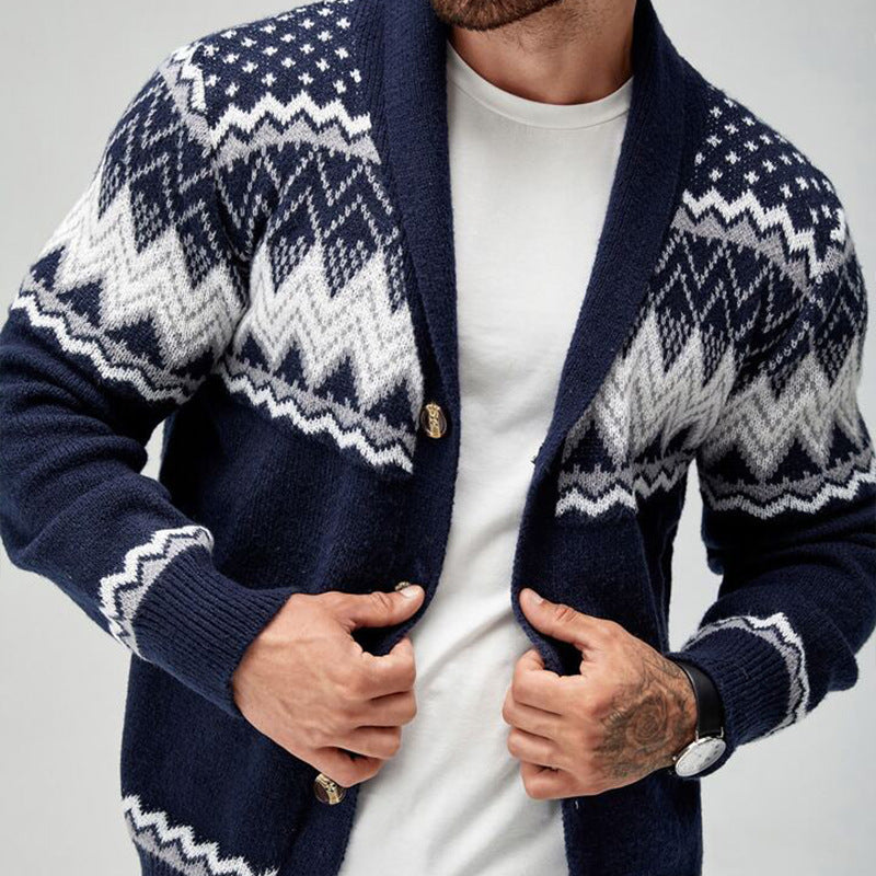 Men's knitted cardigan with shawl collar, buttons and contrasting geometric pattern