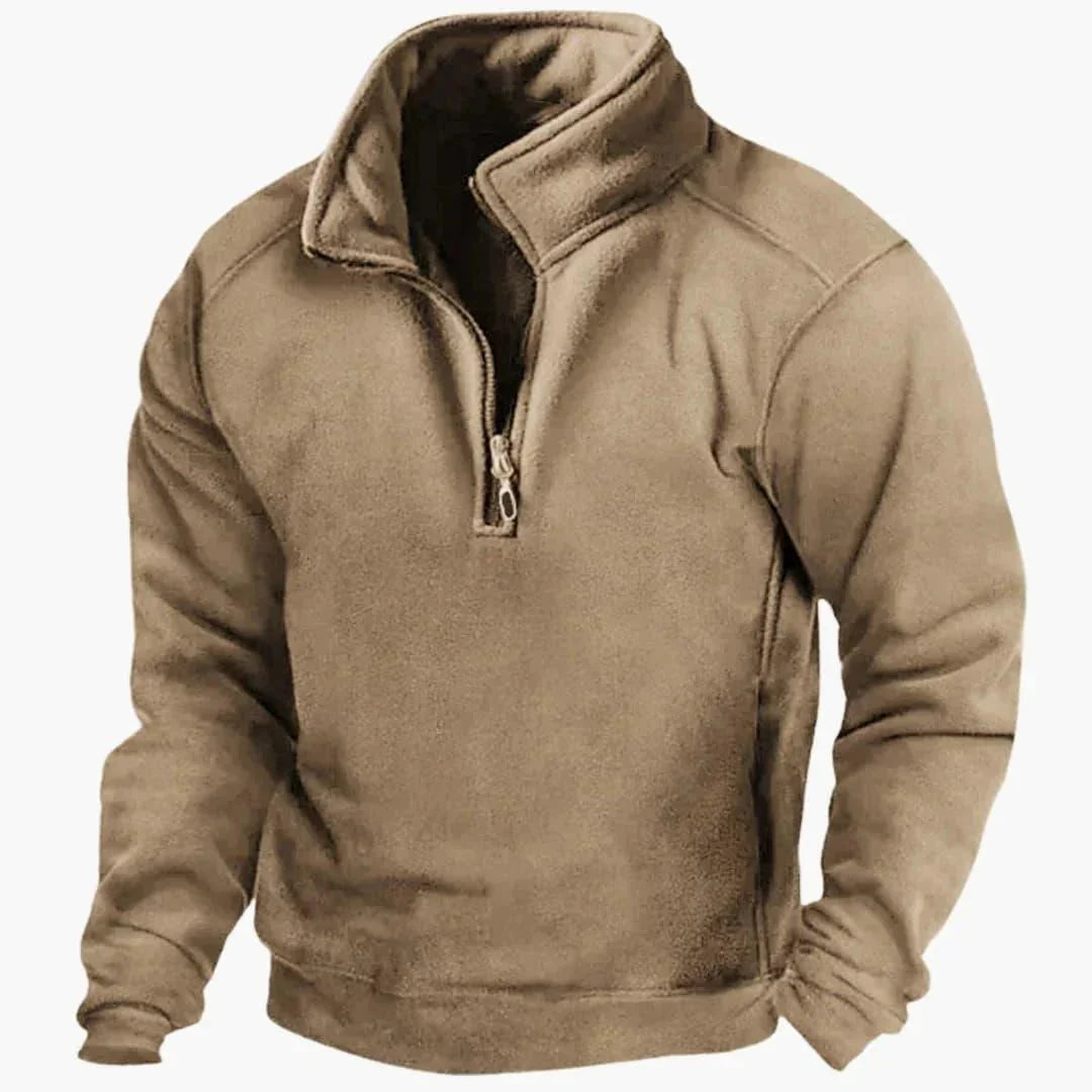 Men's plain fleece pullover sweater with high collar and quarter-zip fastening