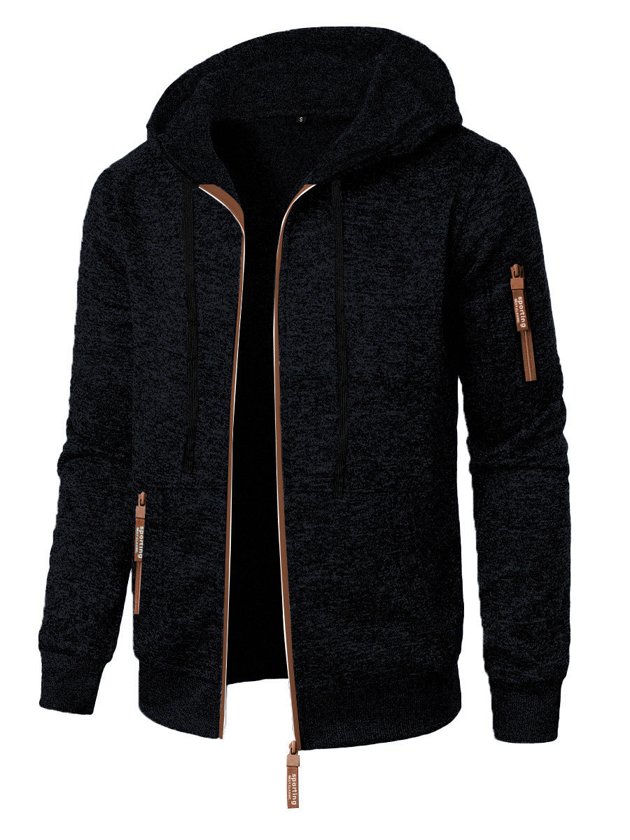 Men's hooded jacquard knit cardigan with full zip and zipped pockets