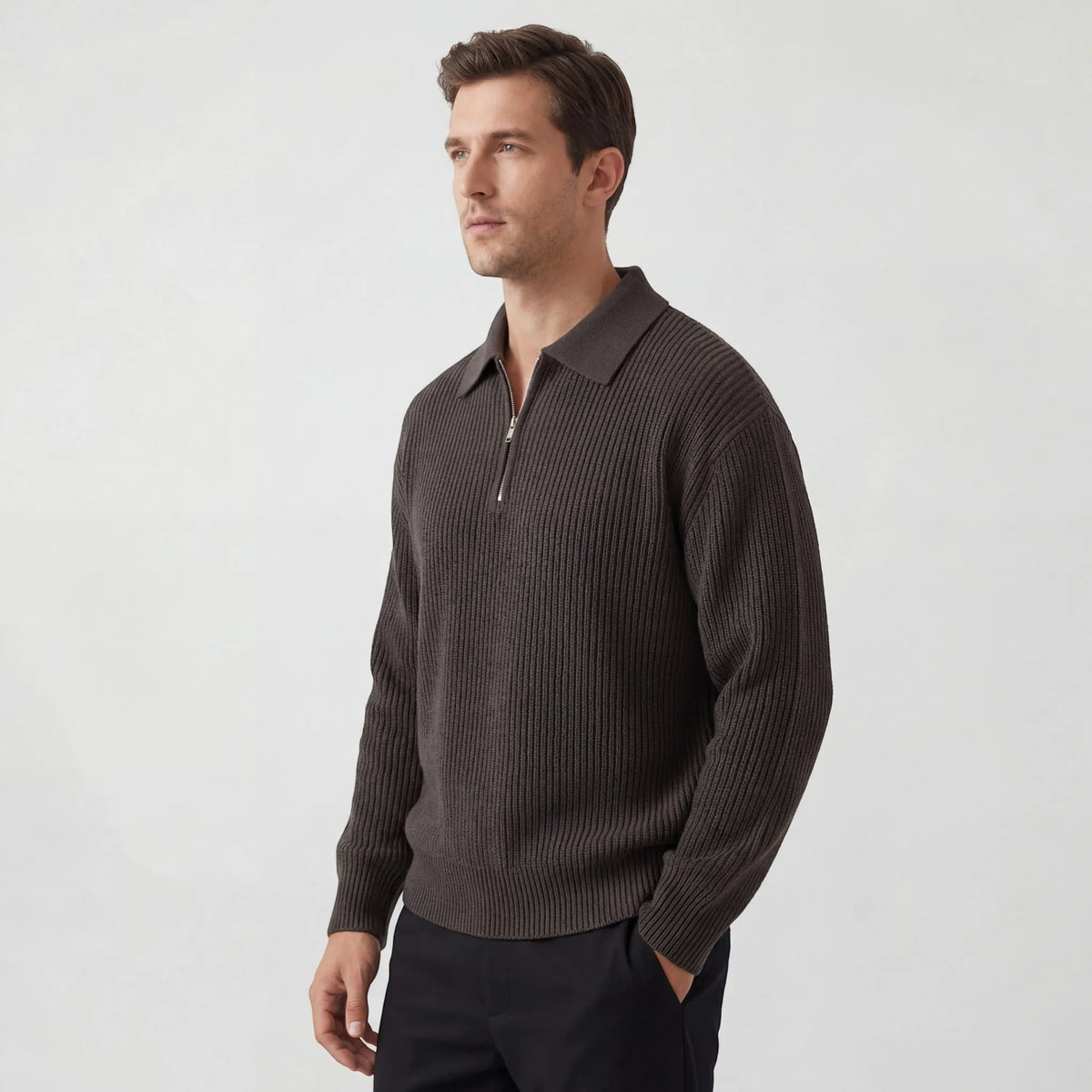 Men's ribbed collared sweater with half-zip fastening and long sleeves