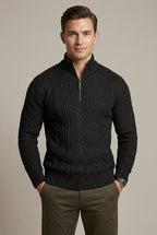 Men's textured cable knit quarter-zip sweater with mock neck and long sleeves