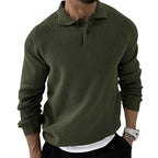Men's textured knitted jumper with polo collar, buttons and long sleeves