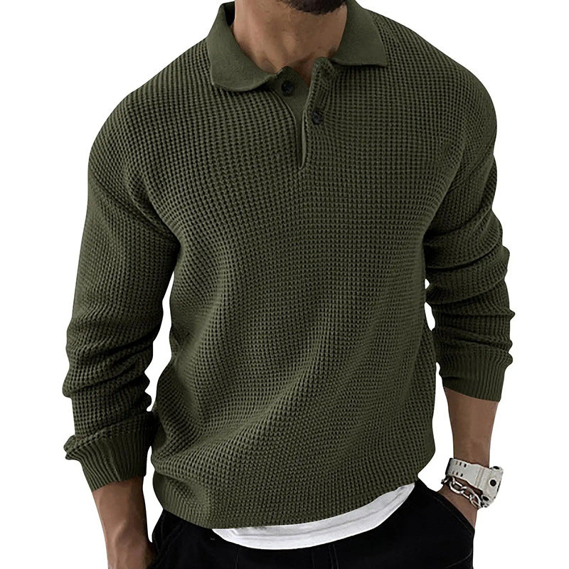 Men's textured knitted jumper with polo collar, buttons and long sleeves