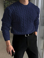 Men's textured cable knit crew neck sweater with long sleeves