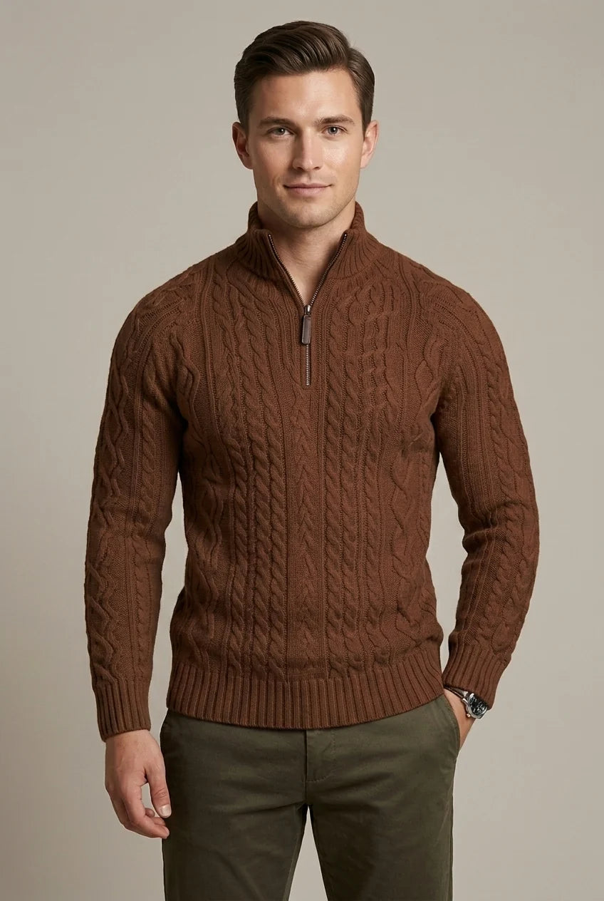 Men's textured cable knit quarter-zip sweater with mock neck and long sleeves