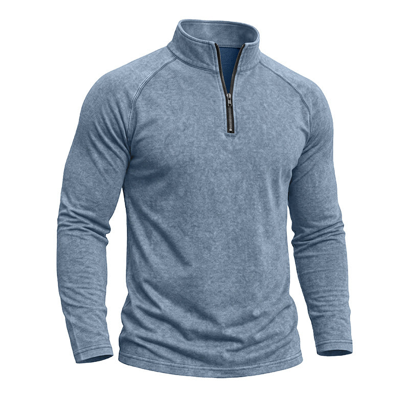 Men's long-sleeve quarter-zip sweatshirt with mock neck and washed texture