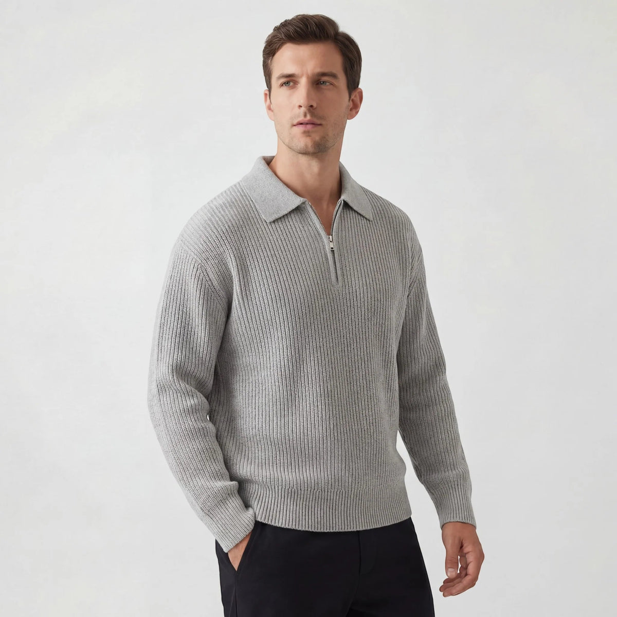 Men's ribbed collared sweater with half-zip fastening and long sleeves