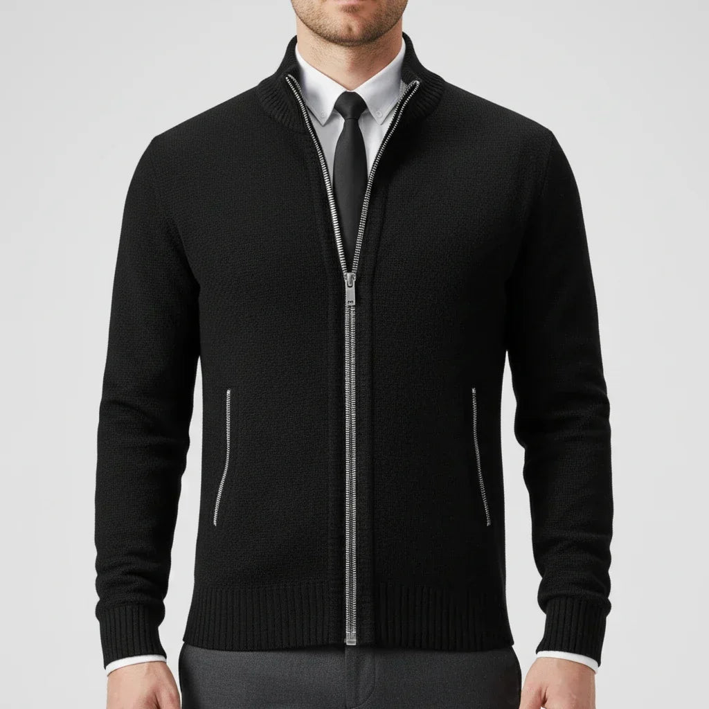 Men's stand collar cardigan sweater with zip front and side pockets