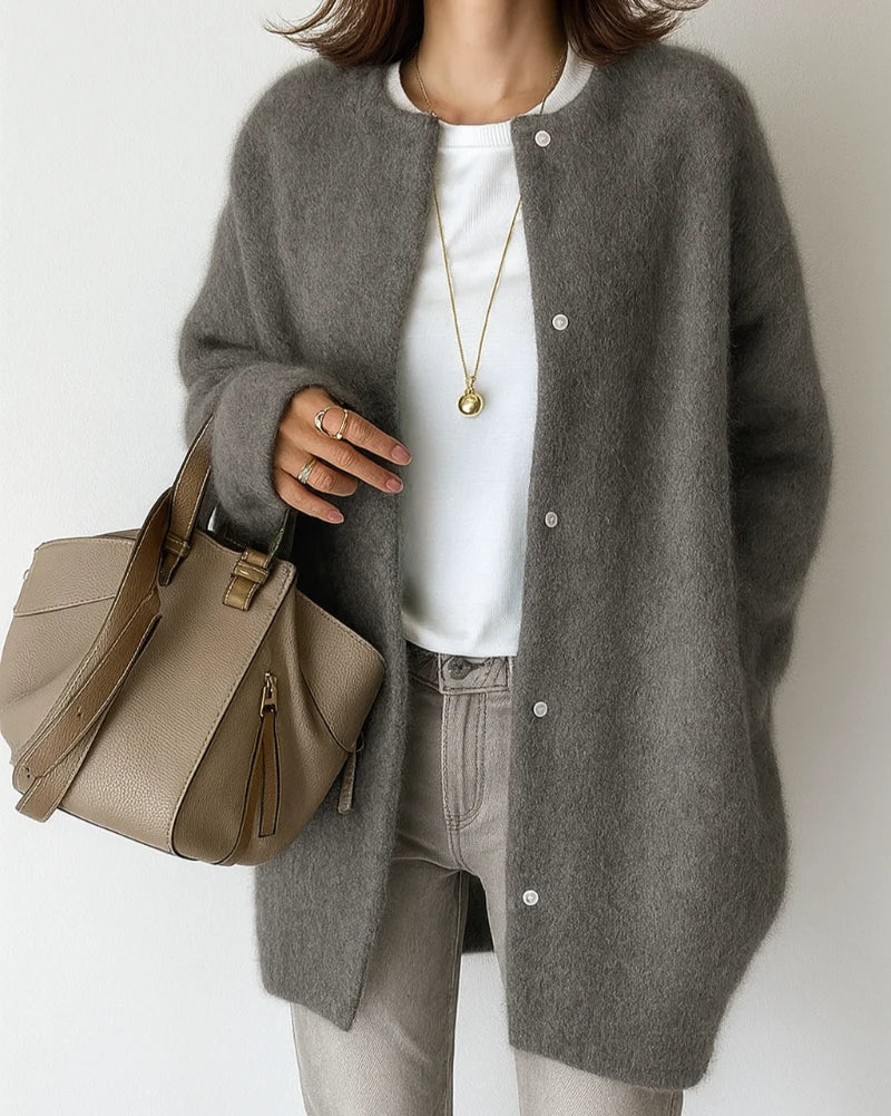 Women's longline button cardigan with round neckline and long sleeves