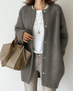 Women's longline button cardigan with round neckline and long sleeves