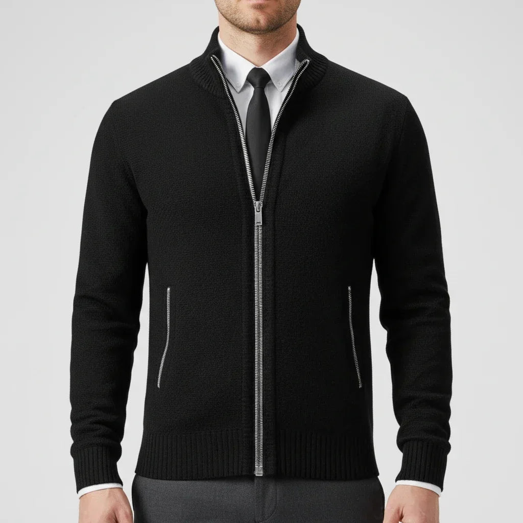 Men's textured knit cardigan with mock neck and full zip fastening