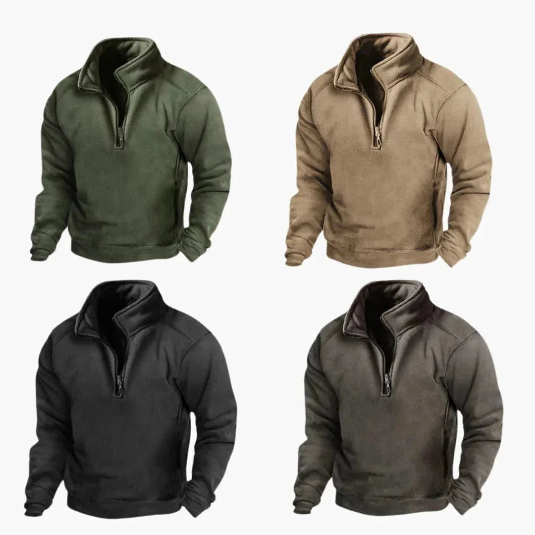 Men's plain fleece pullover sweater with high collar and quarter-zip fastening