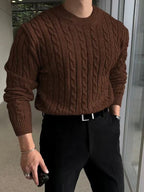 Men's textured cable knit crew neck sweater with long sleeves