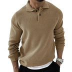 Men's textured knitted jumper with polo collar, buttons and long sleeves