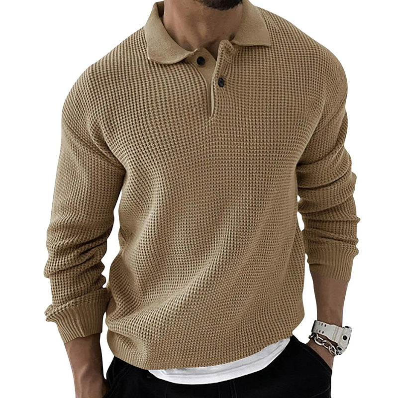Men's textured knitted jumper with polo collar, buttons and long sleeves