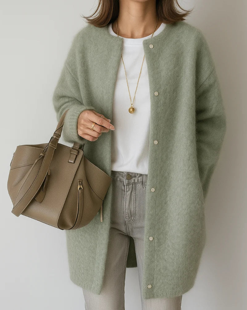 Women's longline button cardigan with round neckline and long sleeves