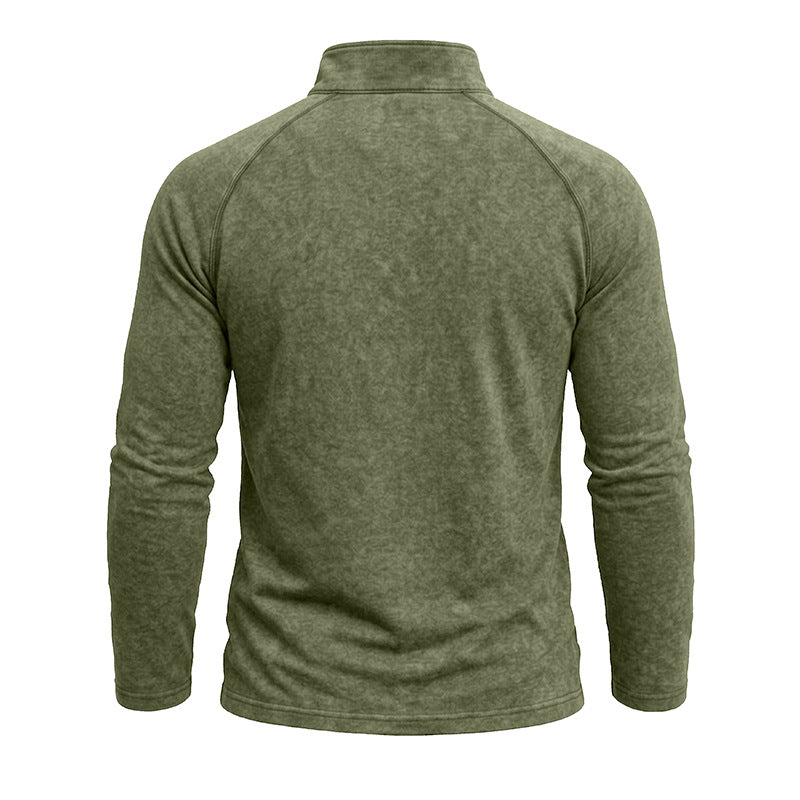 Men's long-sleeve quarter-zip sweatshirt with mock neck and washed texture