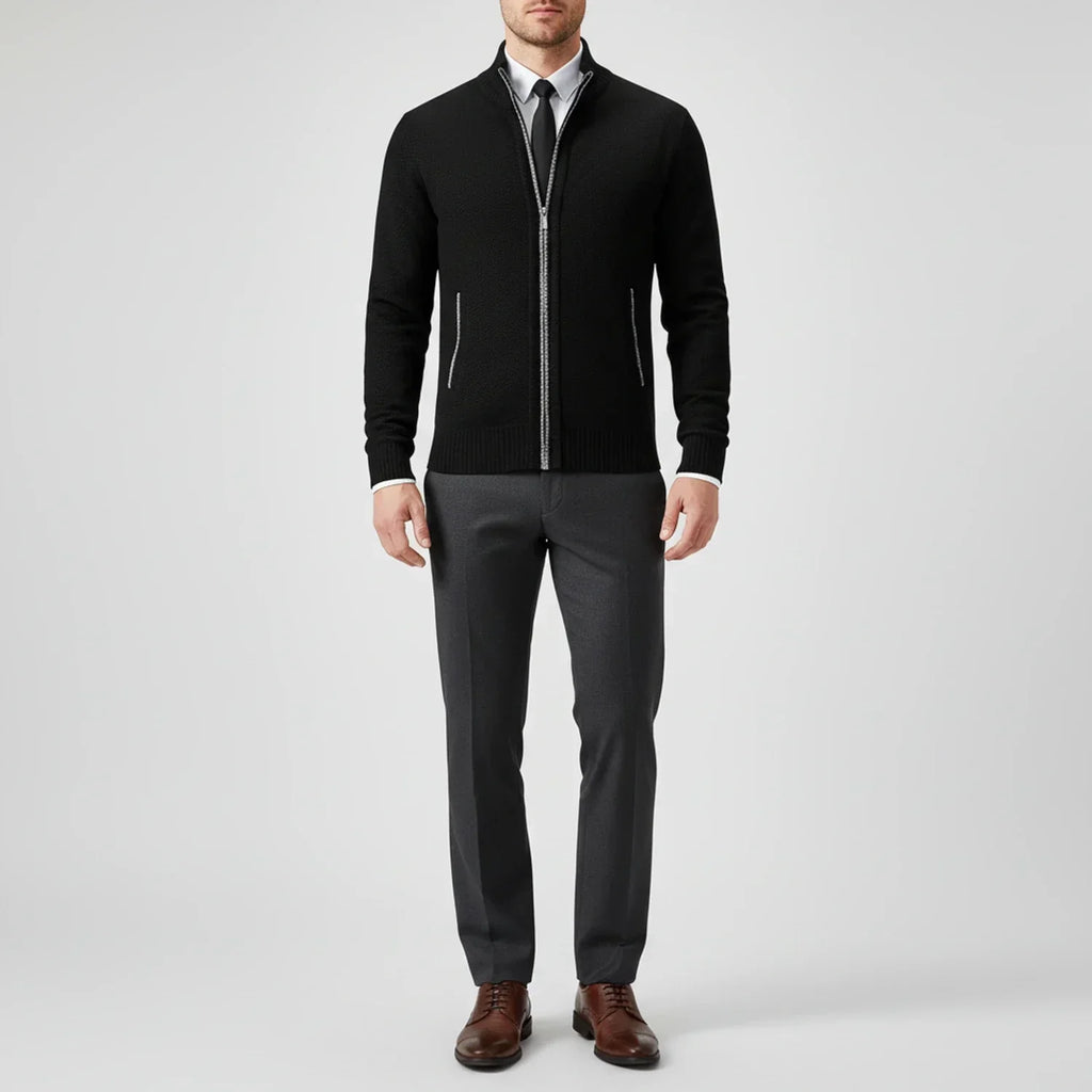 Men's textured knit cardigan with mock neck and full zip fastening