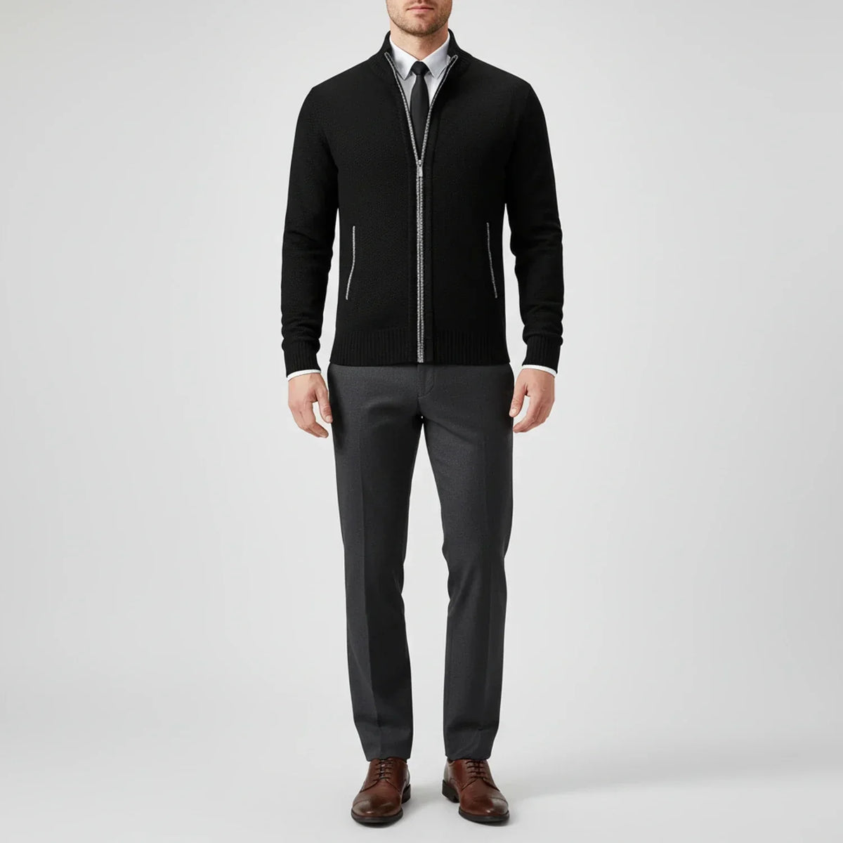 Men's textured knit cardigan with mock neck and full zip fastening