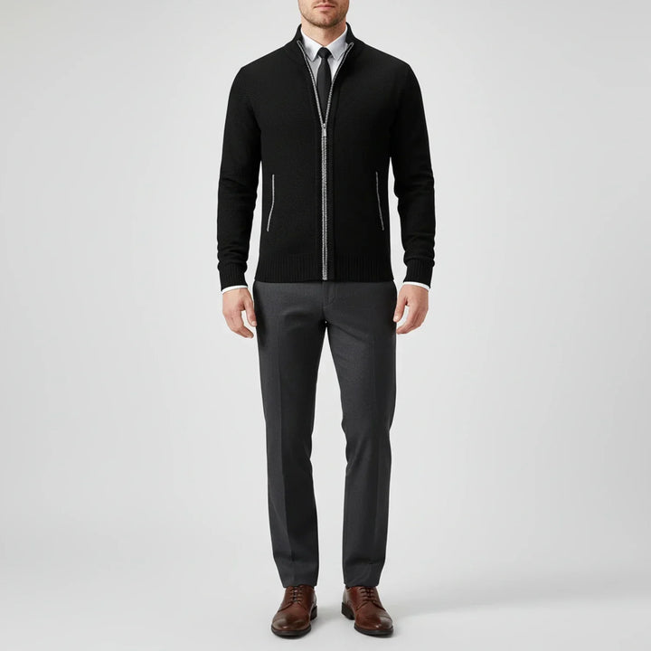 Men's textured knit cardigan with mock neck and full zip fastening