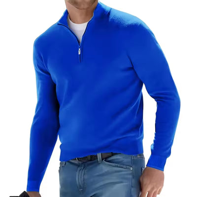 Men's plain quarter-zip knit jumper with mock neck and long sleeves