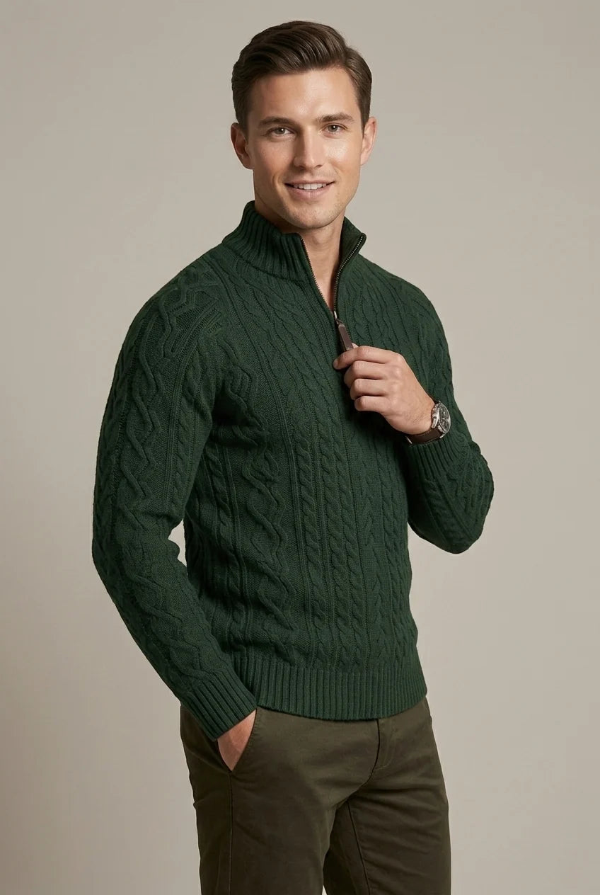 Men's textured cable knit quarter-zip sweater with mock neck and long sleeves