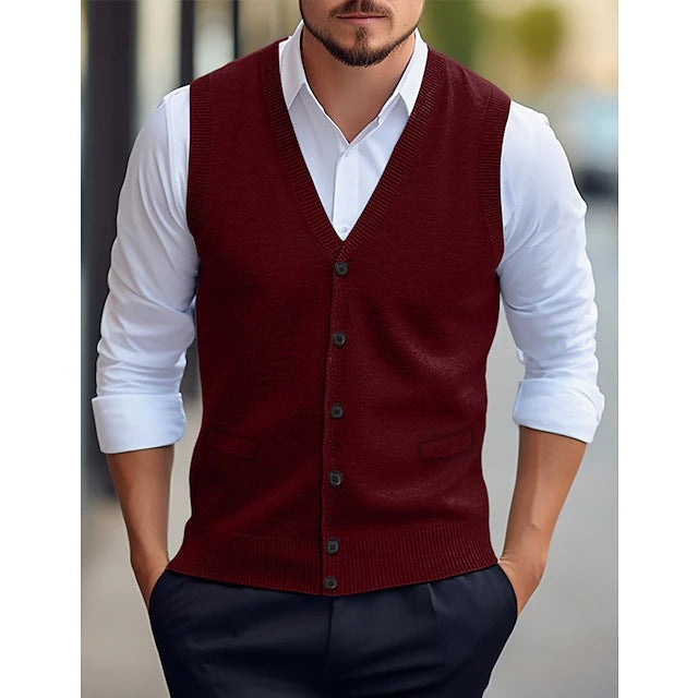 Men's sleeveless V-neck knit vest with button front and welt pockets