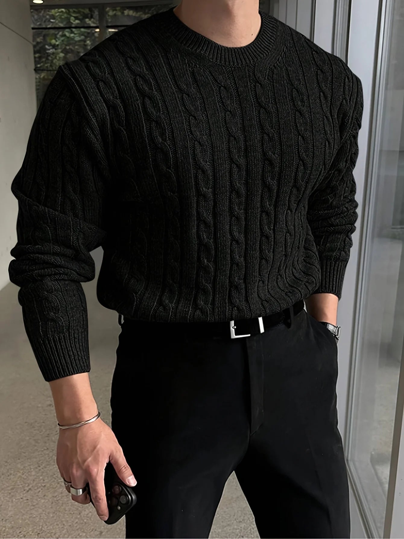 Men's textured cable knit crew neck sweater with long sleeves