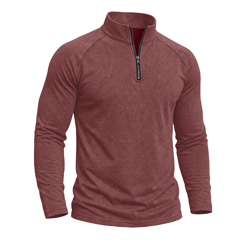 Men's long-sleeve quarter-zip sweatshirt with mock neck and washed texture