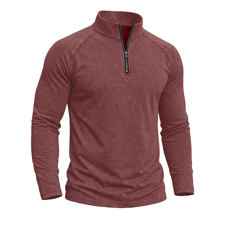 Men's long-sleeve quarter-zip sweatshirt with mock neck and washed texture