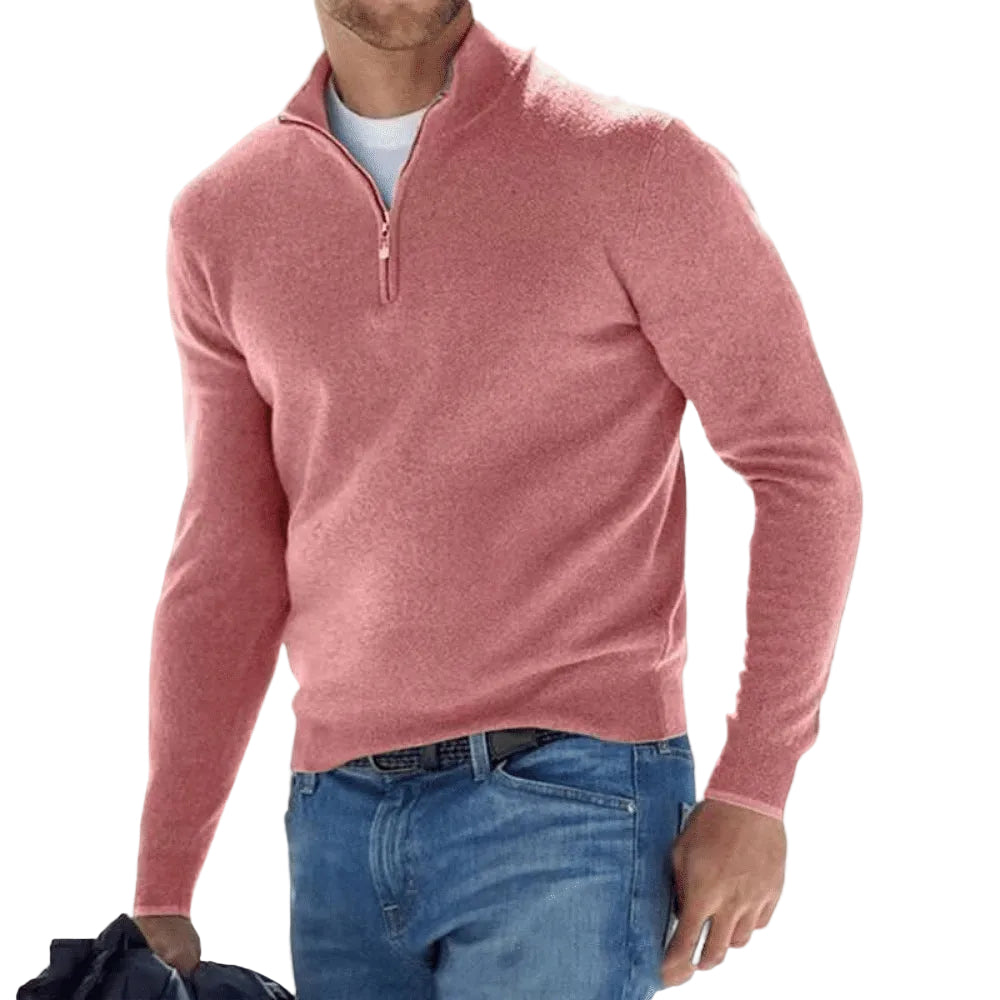Men's plain quarter-zip knit jumper with mock neck and long sleeves