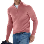 Men's plain quarter-zip knit jumper with mock neck and long sleeves