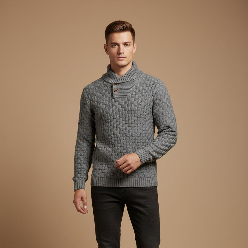 Men's textured turtleneck sweater with cowl collar and button detail