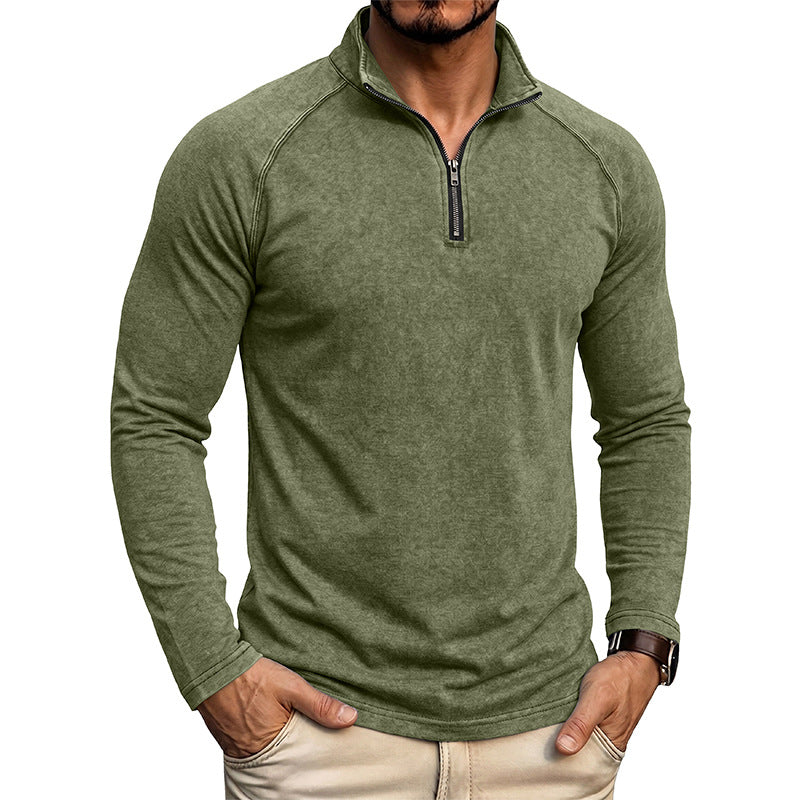 Men's long-sleeve quarter-zip sweatshirt with mock neck and washed texture