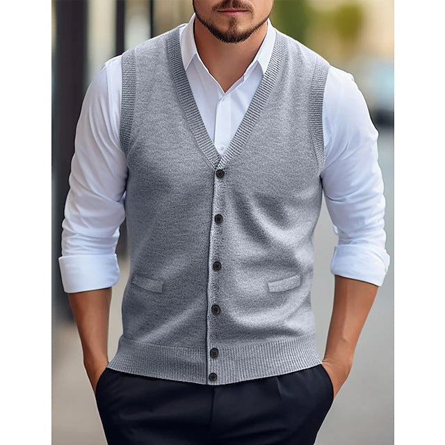 Men's sleeveless V-neck knit vest with button front and welt pockets