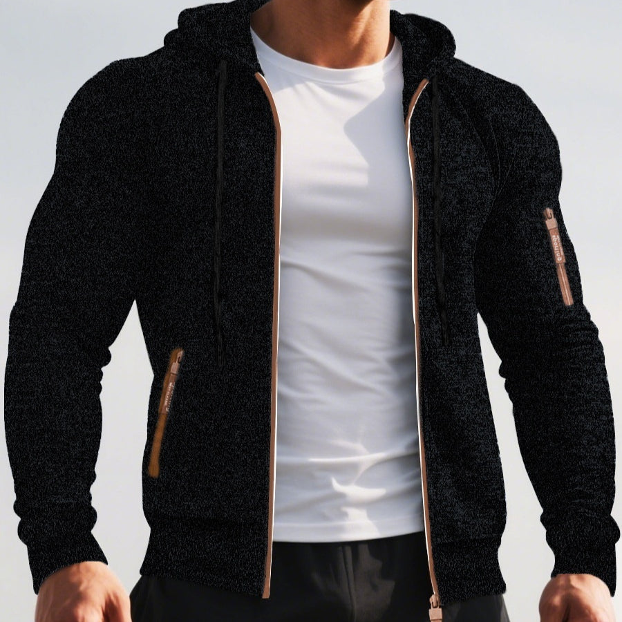 Men's hooded jacquard knit cardigan with full zip and zipped pockets