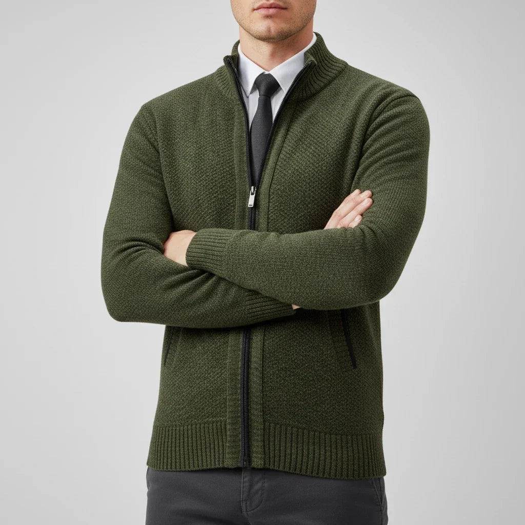 Men's textured knit cardigan with mock neck and full zip fastening