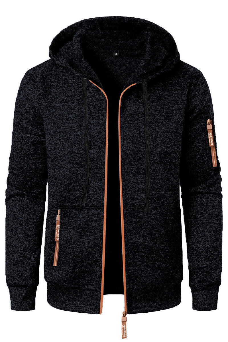 Men's hooded jacquard knit cardigan with full zip and zipped pockets