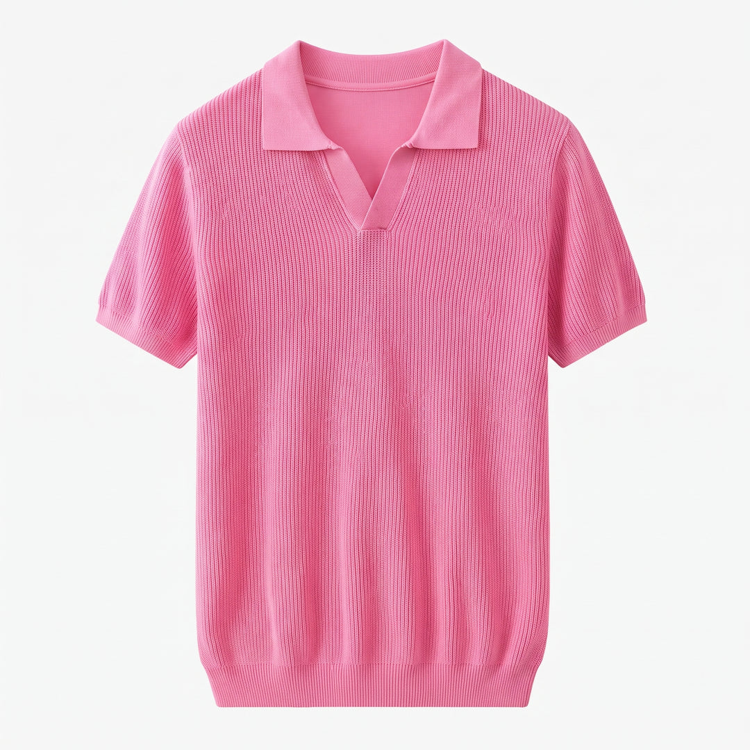 Men's Pink Waffle Knit Polo, V-Neck, Short Sleeves