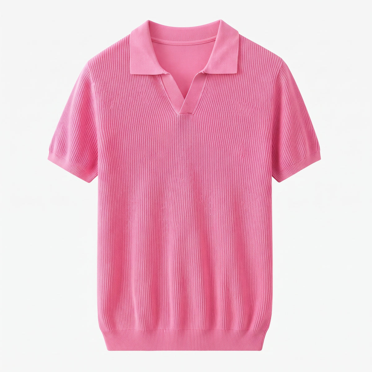 Men's Pink Waffle Knit Polo, V-Neck, Short Sleeves