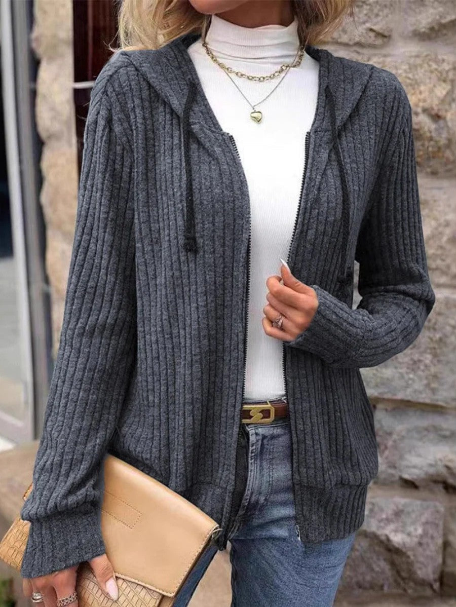 Women's ribbed hooded cardigan with full-zip front and long sleeves