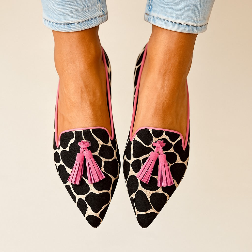 Women's pointed animal print loafers with coloured tassels