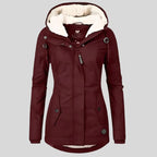 Women's hooded quilted coat with fleece-style lined hood and front zip
