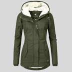 Women's hooded quilted coat with fleece-style lined hood and front zip