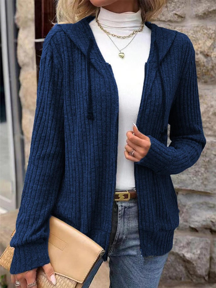 Women's ribbed hooded cardigan with full-zip front and long sleeves