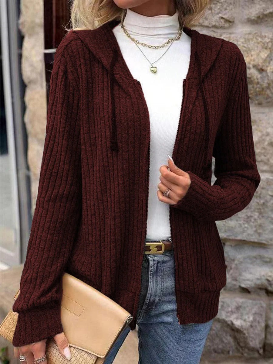 Women's ribbed hooded cardigan with full-zip front and long sleeves