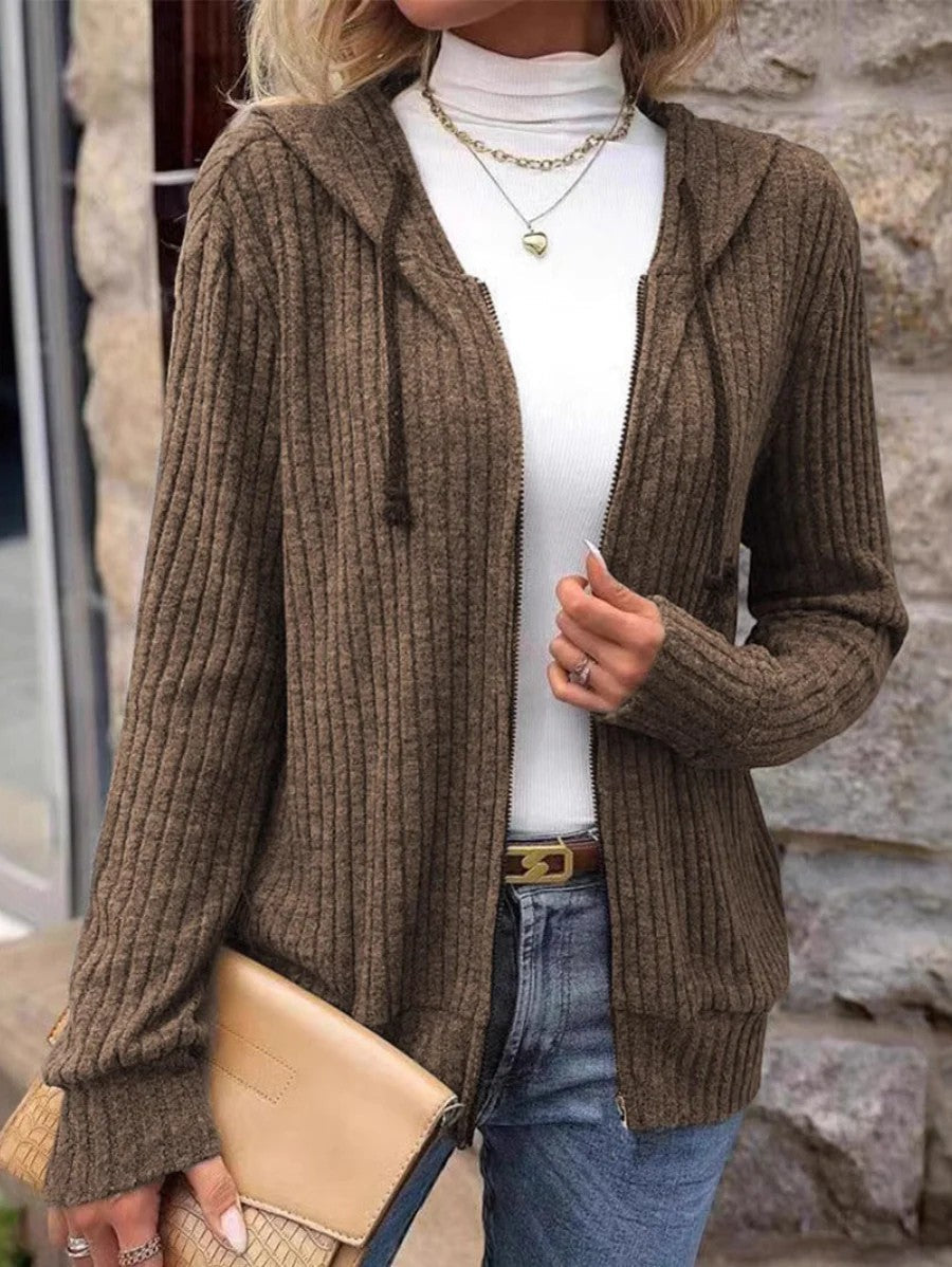 Women's ribbed hooded cardigan with full-zip front and long sleeves