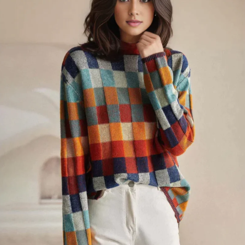 Women's multicoloured checkered turtleneck jumper