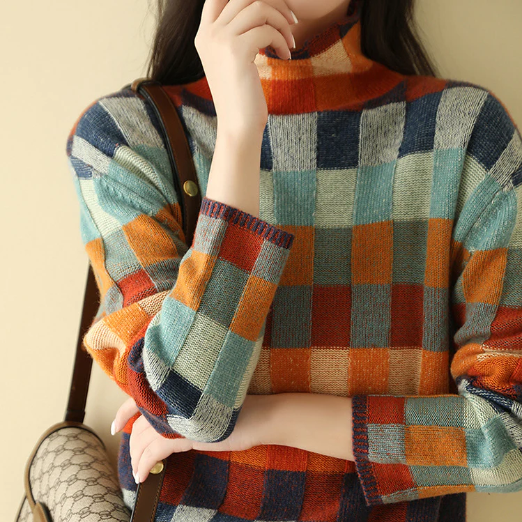 Women's multicoloured checkered turtleneck jumper