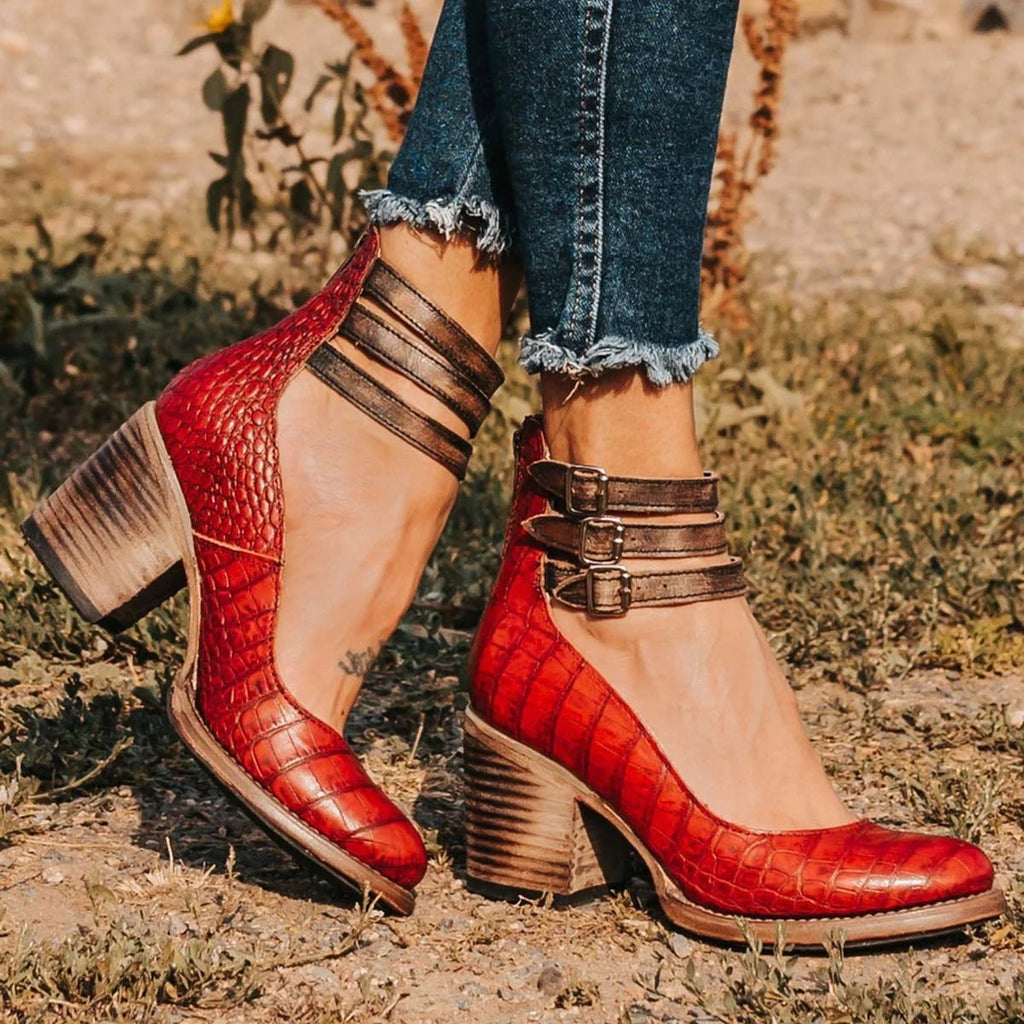 Women's ankle boots with three buckle straps and block heel